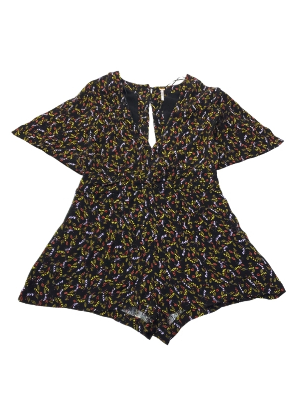 NEW Free People Meet Virginia Black Printed Romper Shorts Split Sleeve SIze 8 - Picture 3 of 13